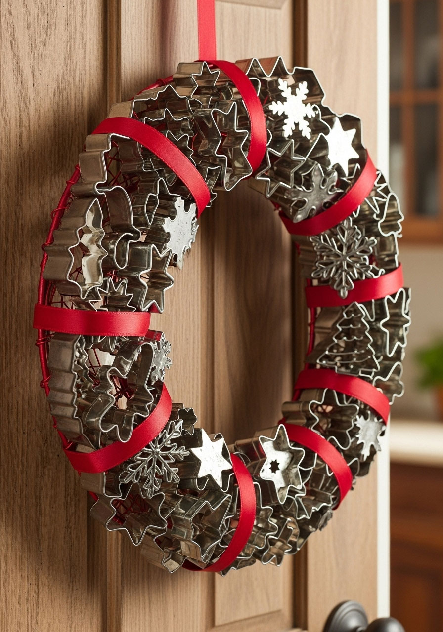 Christmas cookie cutter wreath, creative adult DIY craft using vintage metal cutters and ribbon