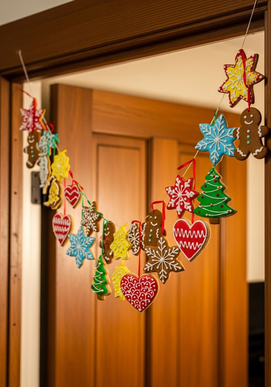 Finished cookie cutter garland above kitchen door showing decorated cookies in festive shapes