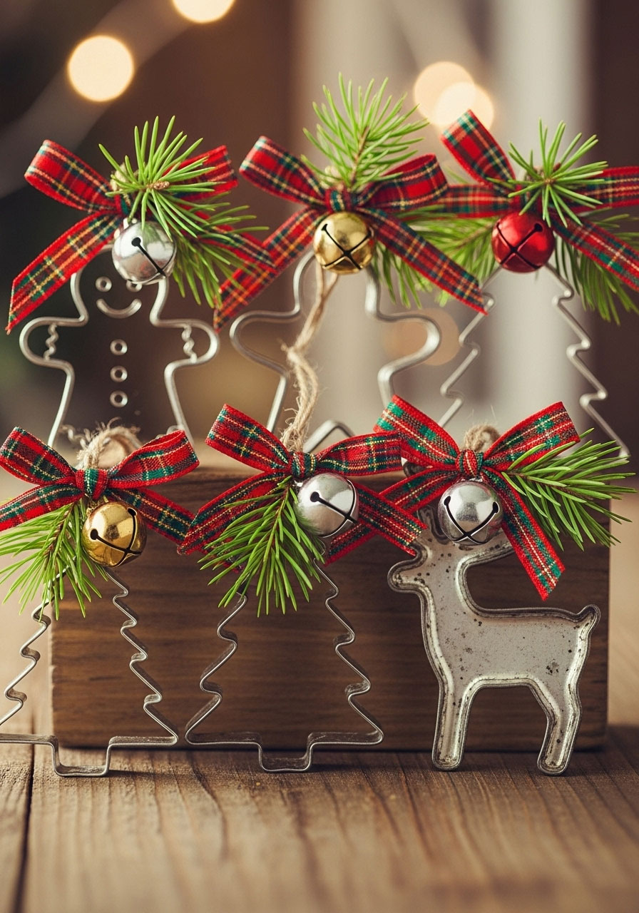 Festive cookie cutter ornaments with ribbons and bells for nostalgic Christmas crafts to make and sell