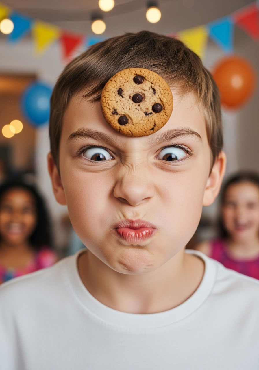 Child with cookie on forehead making funny faces during cookie face game at birthday party