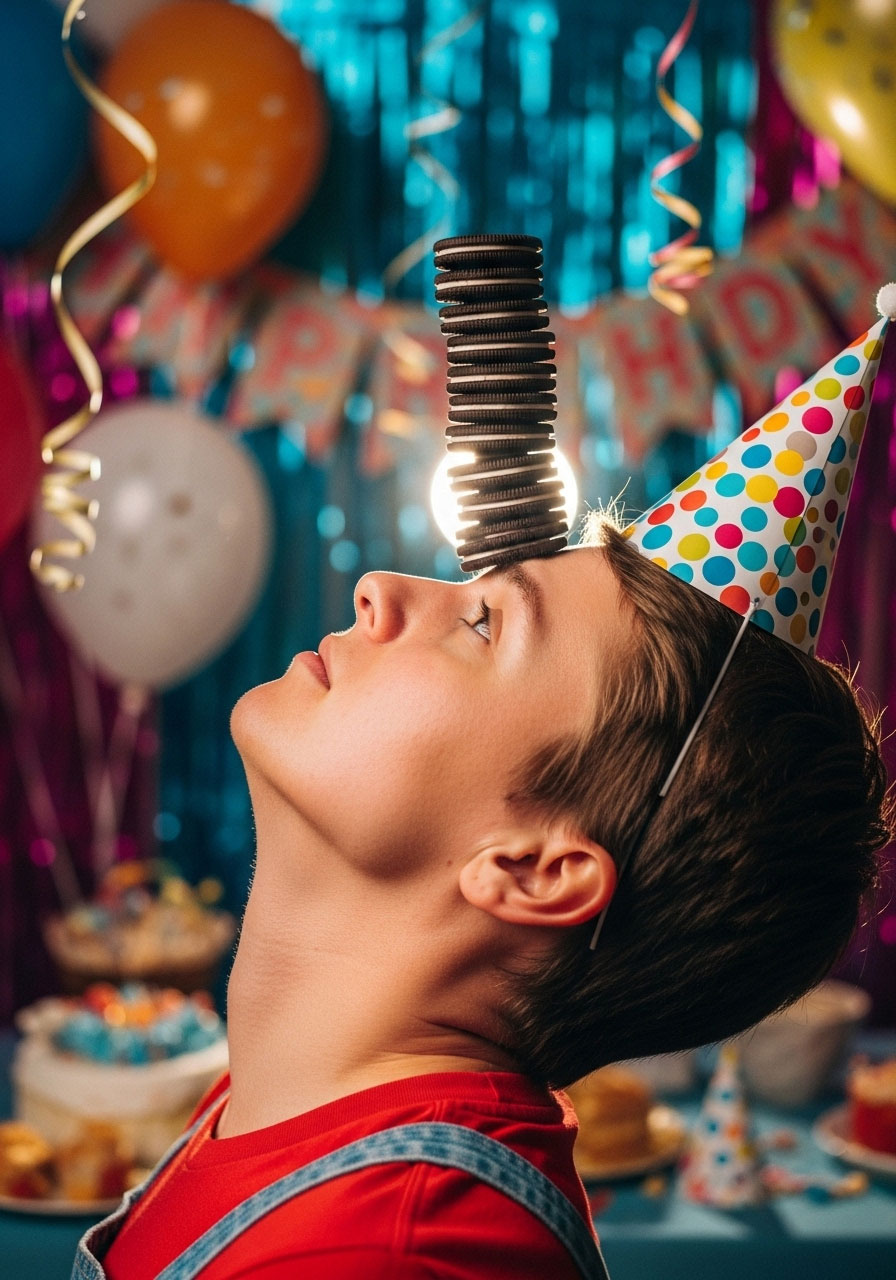 Stack of Oreo cookies balanced on person's forehead for ultimate birthday party balance challenge