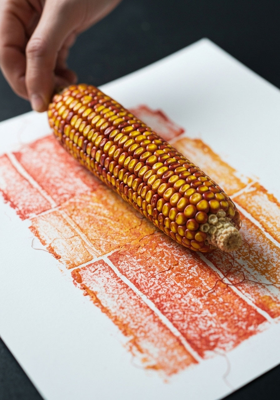 Corn cob painting craft with textured autumn patterns for kids