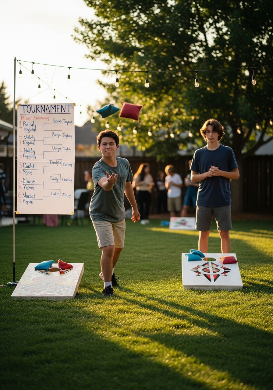 Teenagers playing cornhole tournament with bean bags and boards outdoors