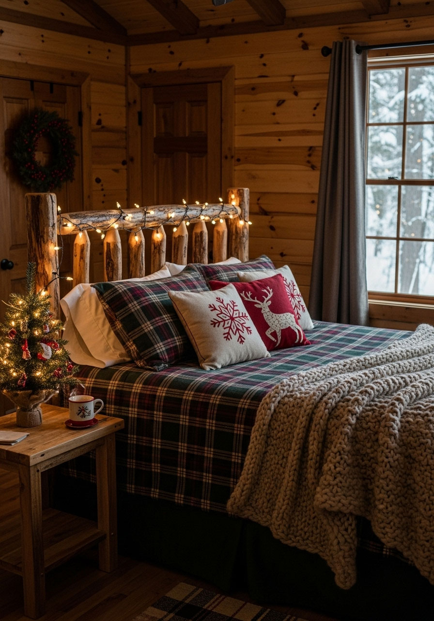 Cabin bedroom decorated for Christmas with festive bedding, string lights, mini Christmas tree, and cozy throws creating a holiday retreat