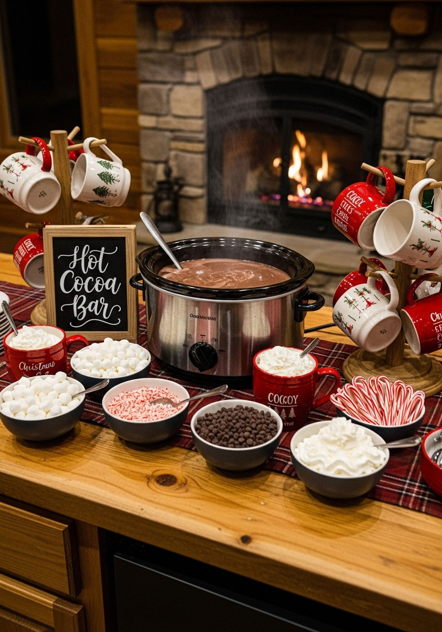 Cabin hot cocoa station with slow cooker, festive mugs, variety of toppings, chalkboard sign, and organized holiday drink bar