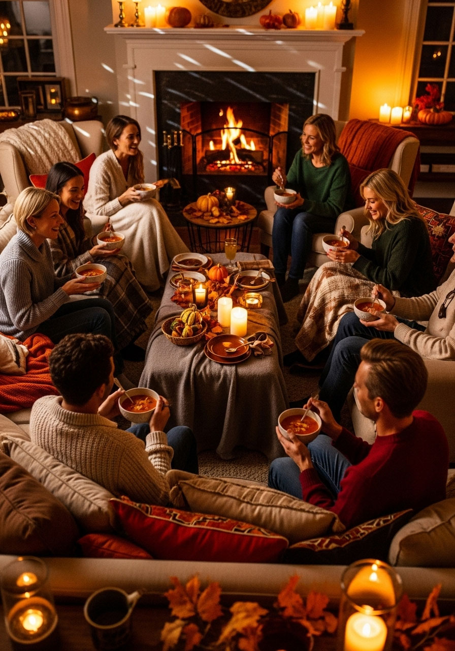 Guests enjoying fall soup party in cozy living room with blankets, fireplace, and warm ambient lighting