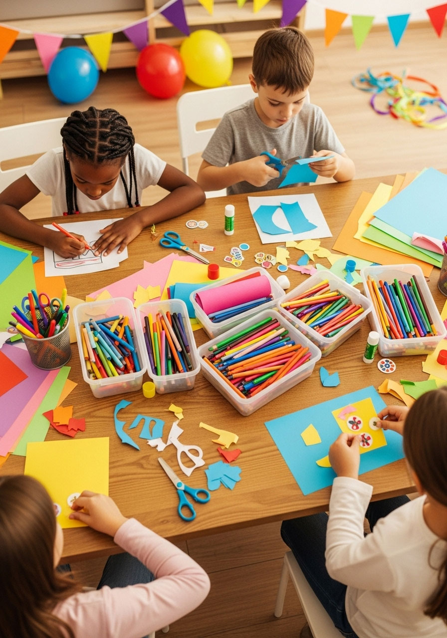 Kindergarten children working on crafts at organized craft station during birthday party