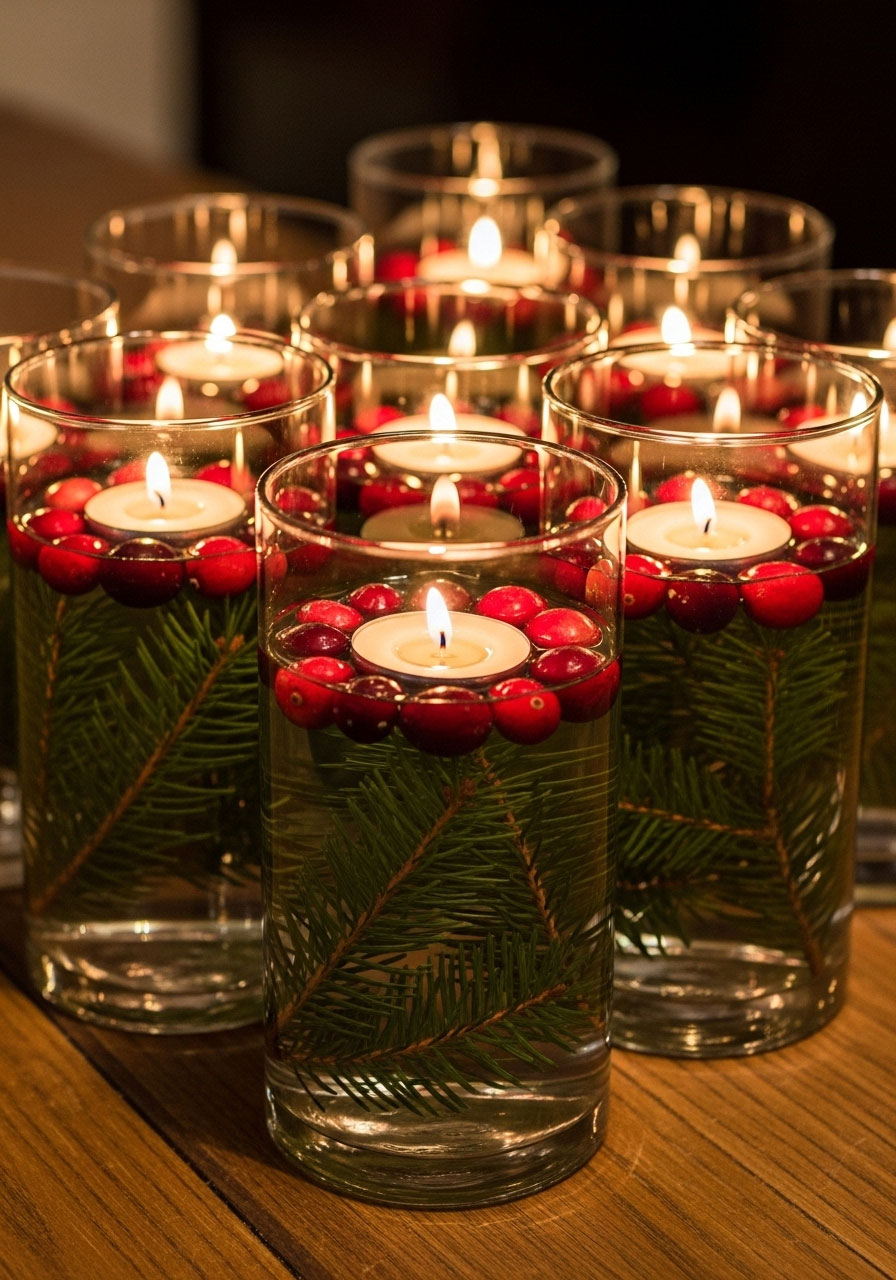 Five-minute Christmas luminaries with floating cranberries, evergreen and tea light candles in glass cylinders