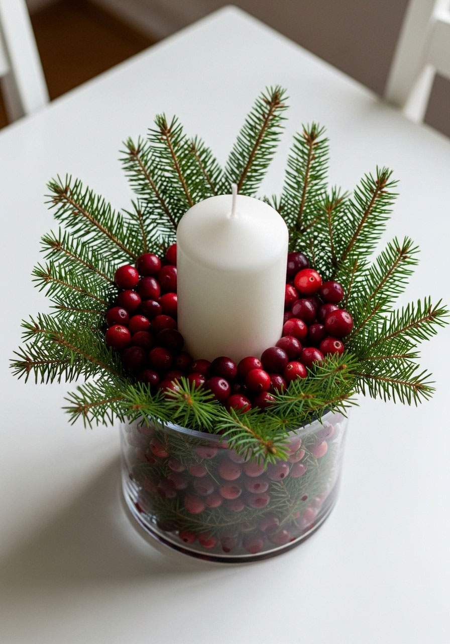 Simple DIY Christmas centerpiece with cranberries, pine branches and white candle in clear glass vase on dining table