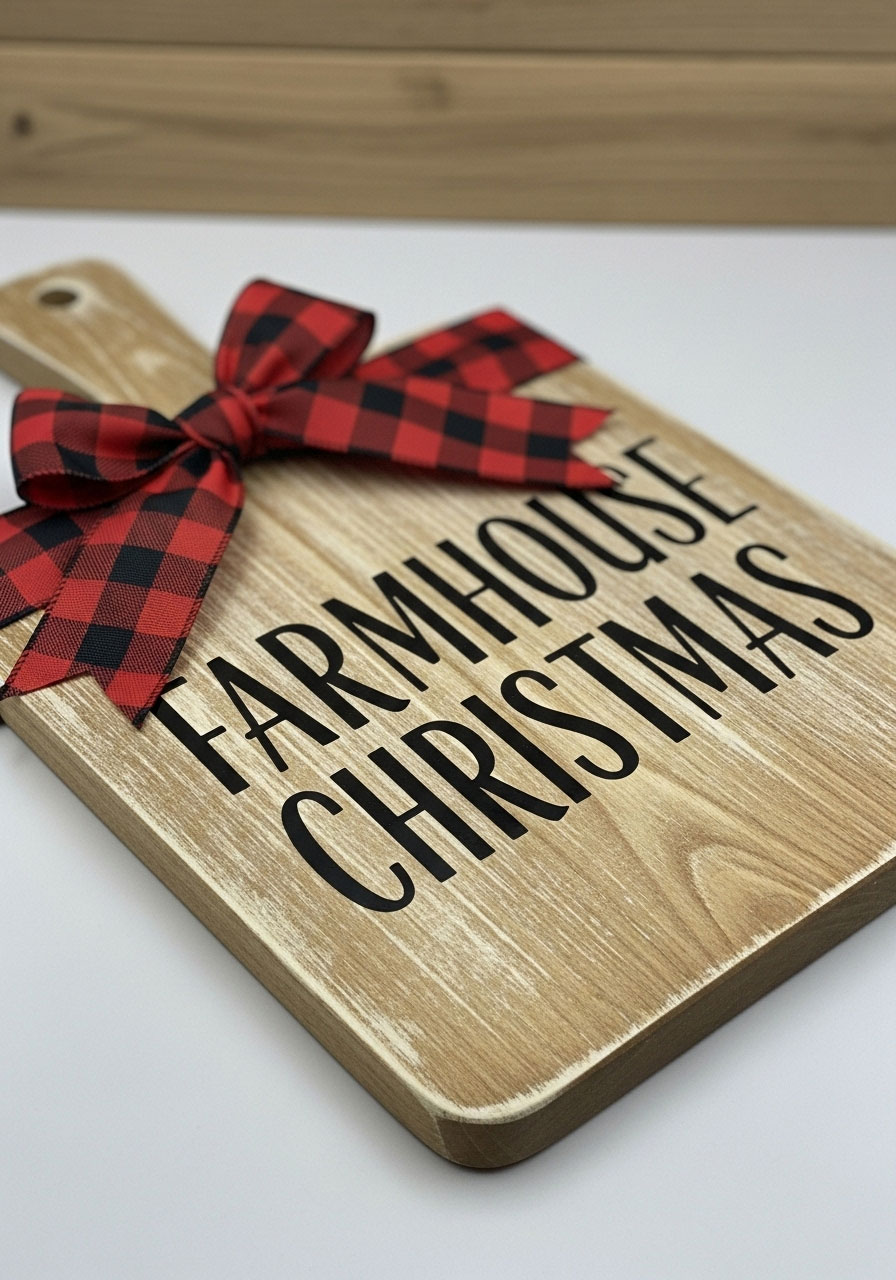 Farmhouse Christmas Dollar Tree cutting board with Cricut vinyl lettering and buffalo plaid ribbon decoration