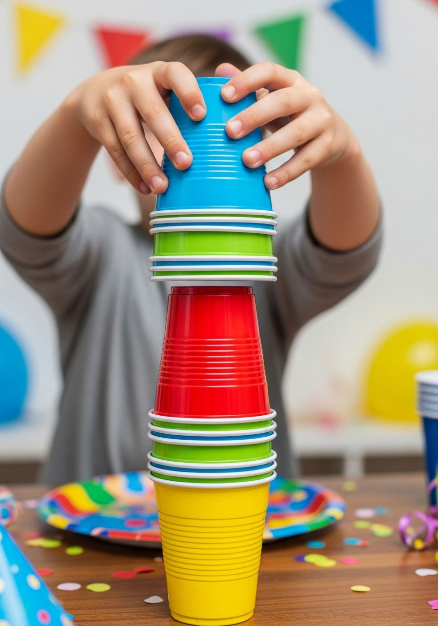 Child racing to move colored cup through stack at indoor birthday party game