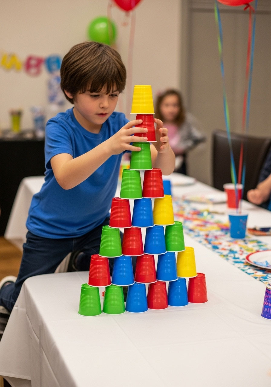 Child stacking plastic cups into tower during minute to win it birthday party game