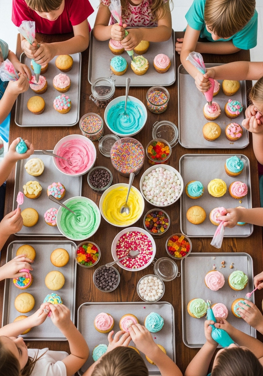 Cupcake decorating station with frosting and toppings at indoor kids birthday party