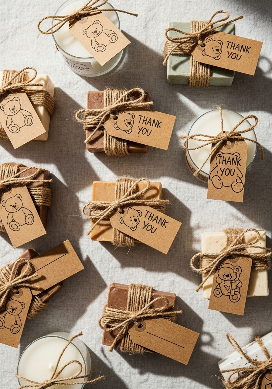 Printable teddy bear gift tags on kraft paper with jute twine attached to baby shower party favors