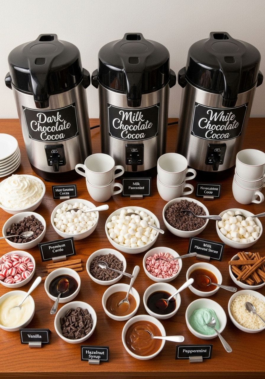Three labeled thermal dispensers displaying dark chocolate, milk chocolate, and white chocolate cocoa bases with shared topping bowls for customization