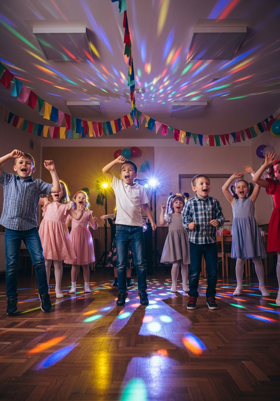 Kindergarten children dancing at energetic birthday dance party with decorations and music
