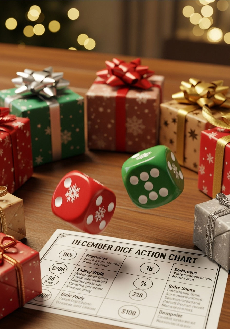 Festive dice rolling next to wrapped Christmas gifts with December dice gift exchange instruction chart at holiday party