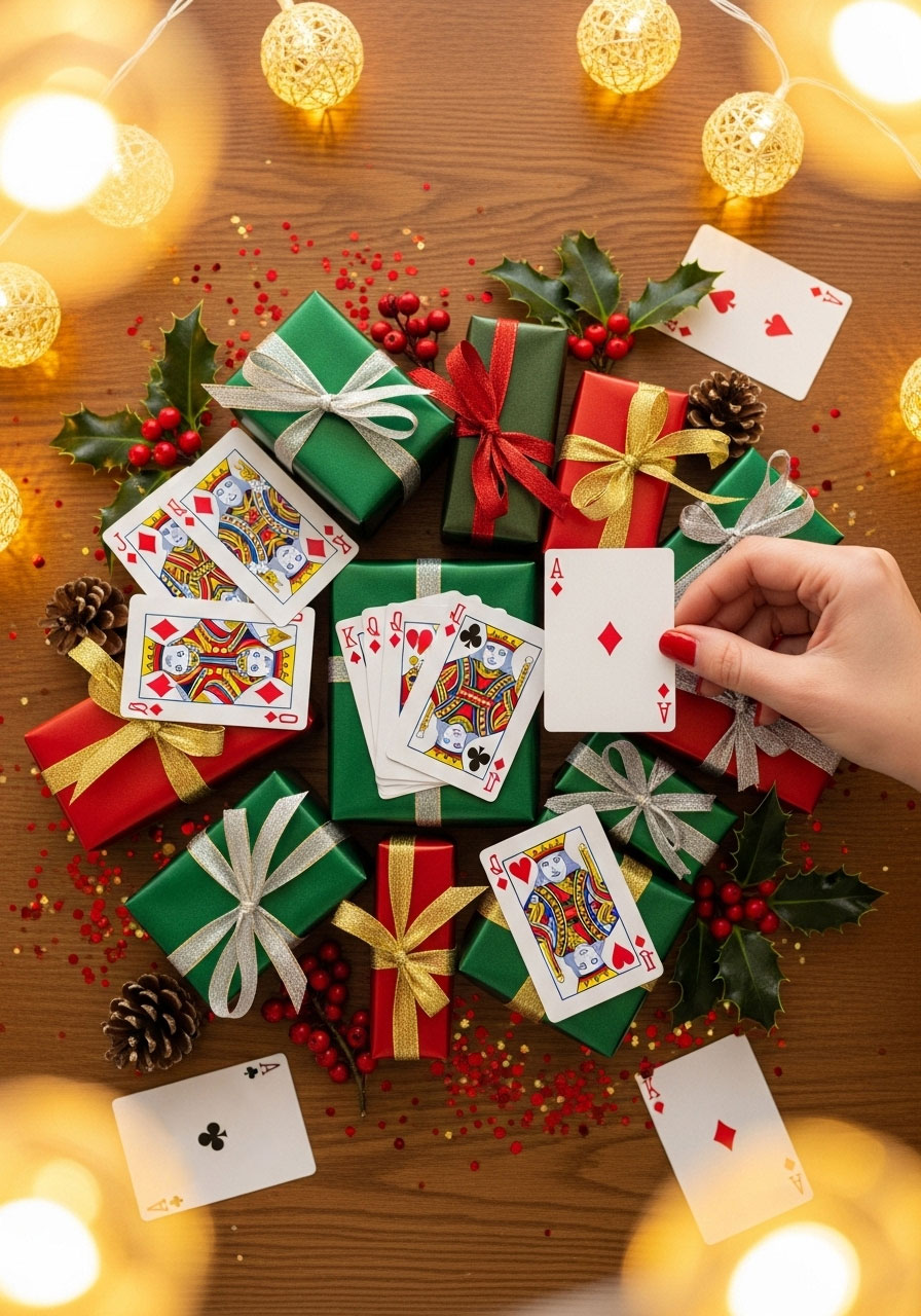 People playing deck of cards Christmas gift exchange game with wrapped presents and playing cards on table at holiday party