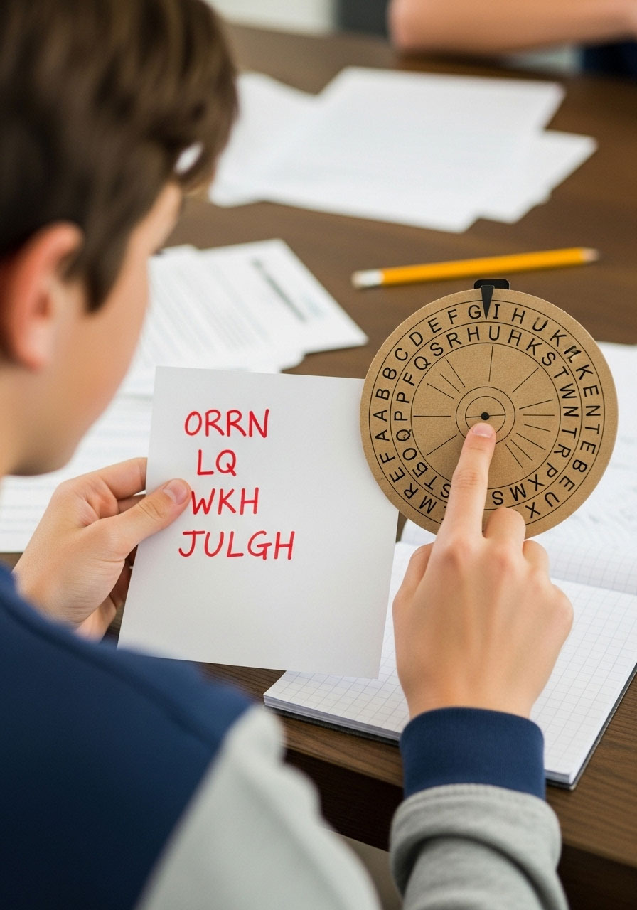 Teen using decoder wheel to solve cipher message during 13th birthday scavenger hunt