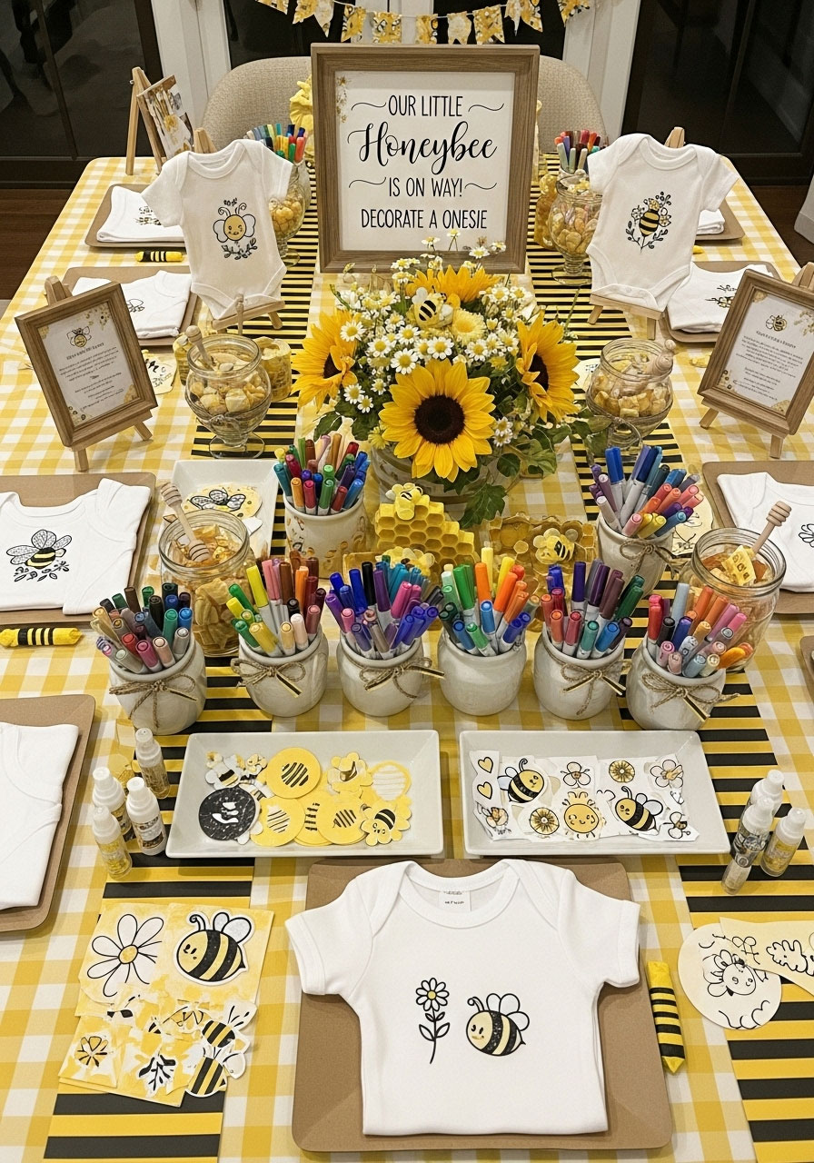 Decorate a onesie craft station with white onesies and fabric markers for baby shower activity