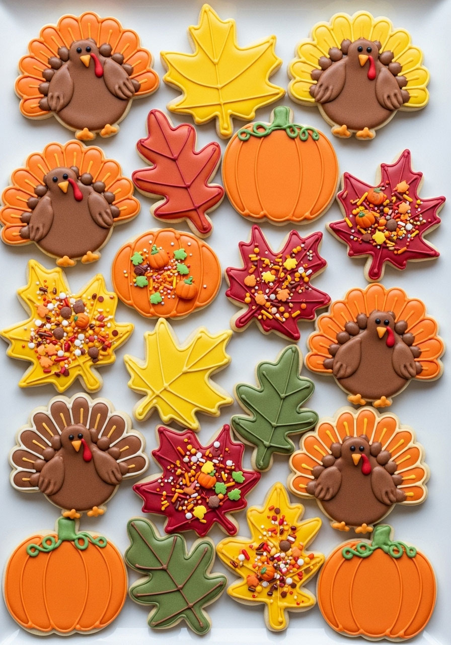 Decorated Thanksgiving sugar cookies in turkey and fall shapes with colorful frosting for classroom party