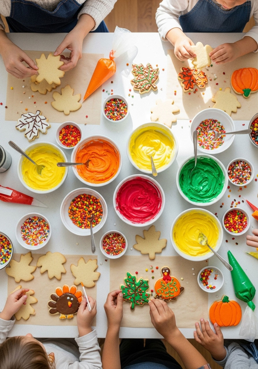 Children and adults decorating Thanksgiving-themed sugar cookies with colorful frosting and sprinkles at kitchen counter