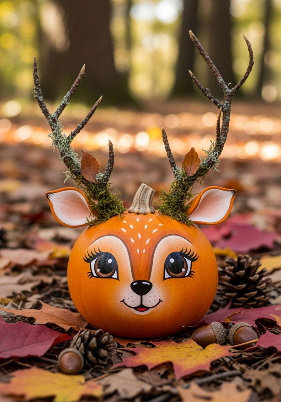Cute deer pumpkin with painted face and real twig antlers for woodland themed decoration craft