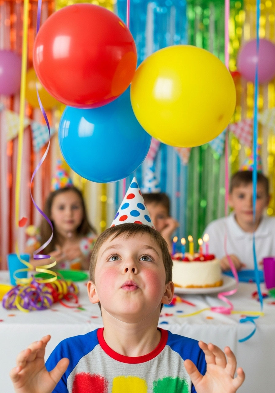 Child using breath to keep balloons airborne during defying gravity birthday game