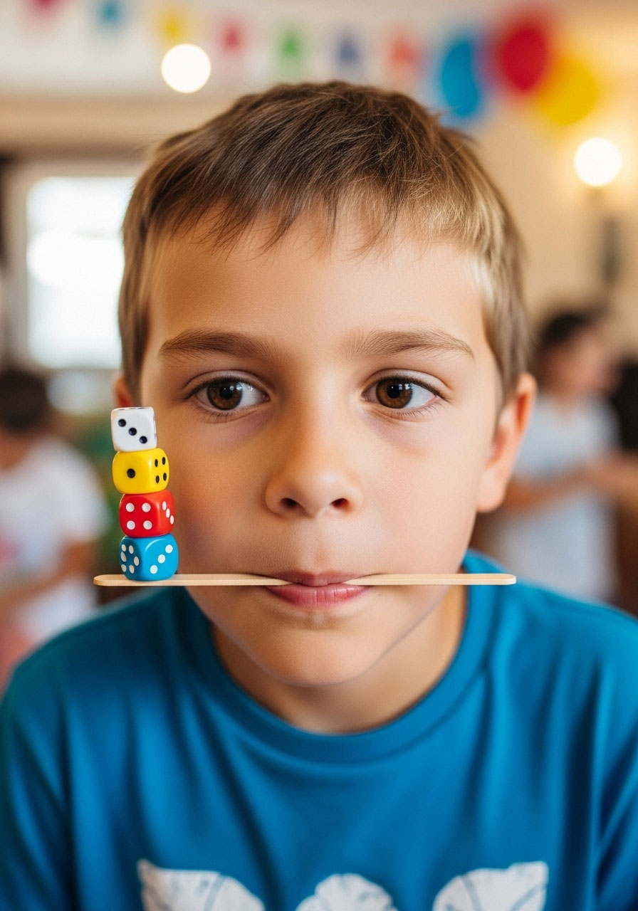 Child balancing dice on popsicle stick in mouth at indoor birthday party challenge