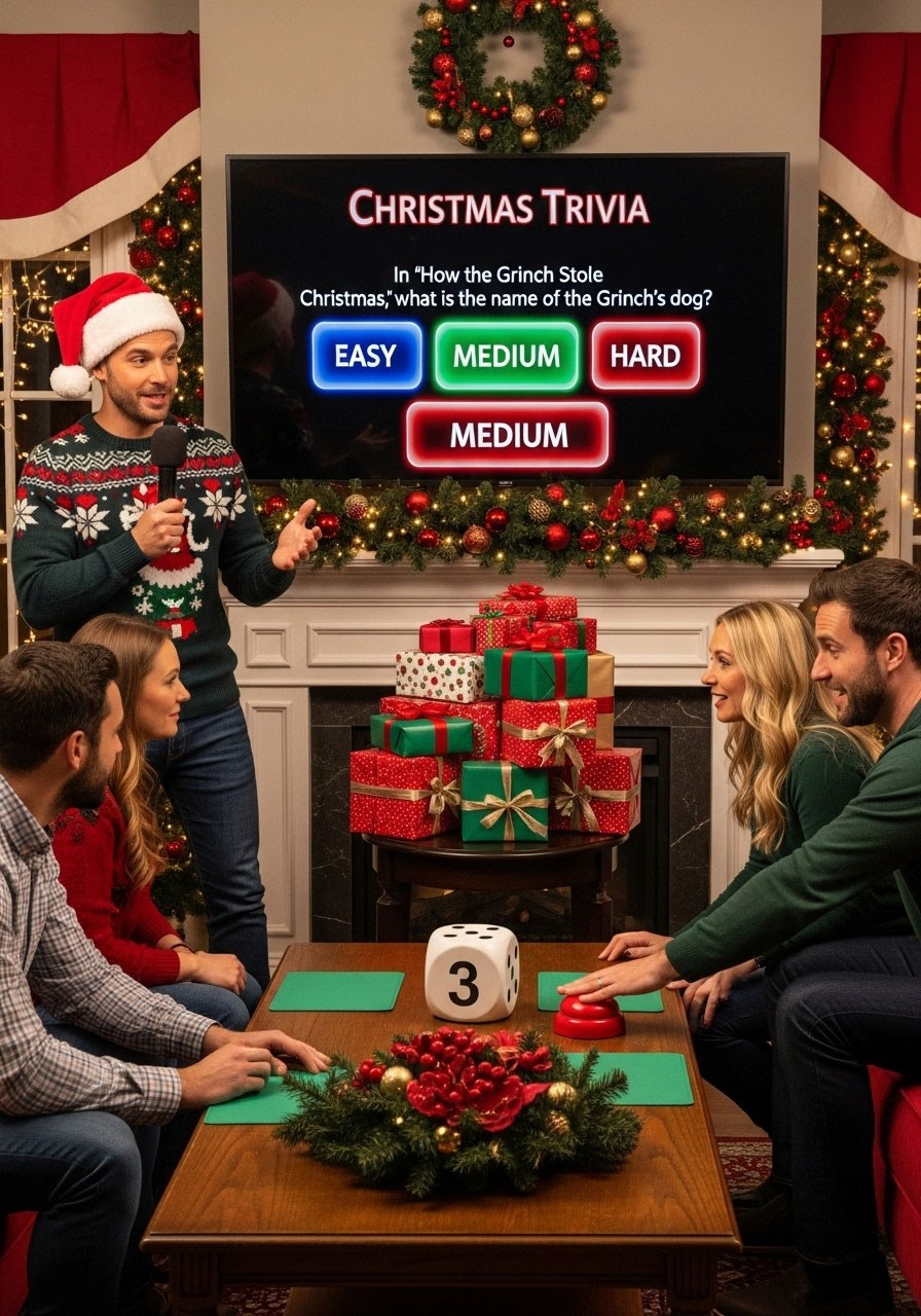Dice Christmas trivia speed round: players answering holiday trivia questions based on dice-determined difficulty