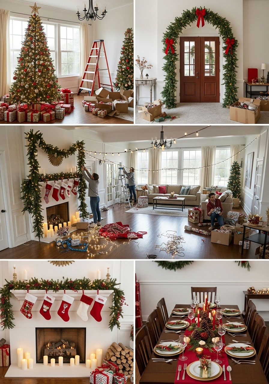 Dice decoration spin room design challenge: players assigned zones to decorate Christmas party space by dice roll