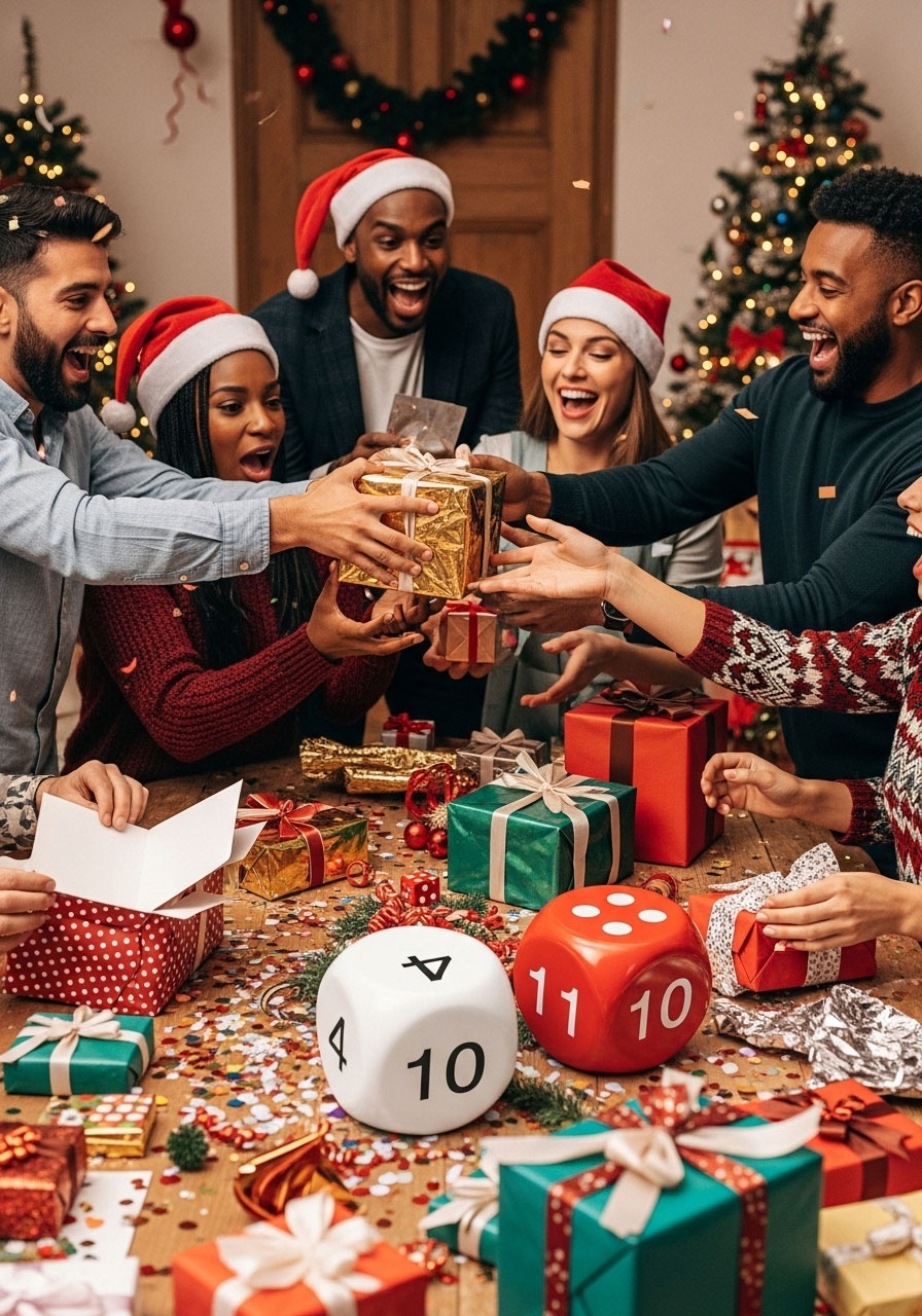 Dice Heist game: adults stealing and unwrapping gifts at Christmas party with high dice rolls creating competitive holiday fun