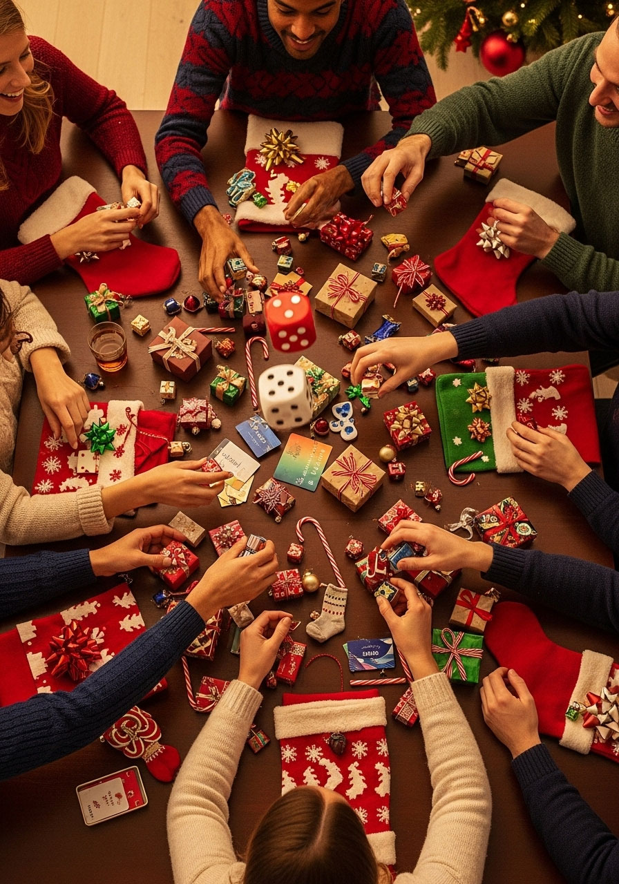Dice roll stocking stuff game: players selecting small wrapped gifts for stockings at Christmas party using dice rolls