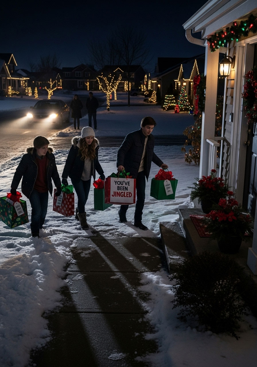 Teenagers sneaking up to neighbor's porch at night leaving surprise Christmas gift bag with festive tag during holiday kindness activity