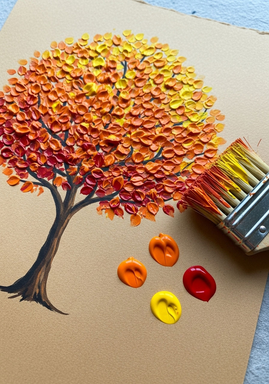 Dish brush fall tree painting craft with textured autumn leaves for children