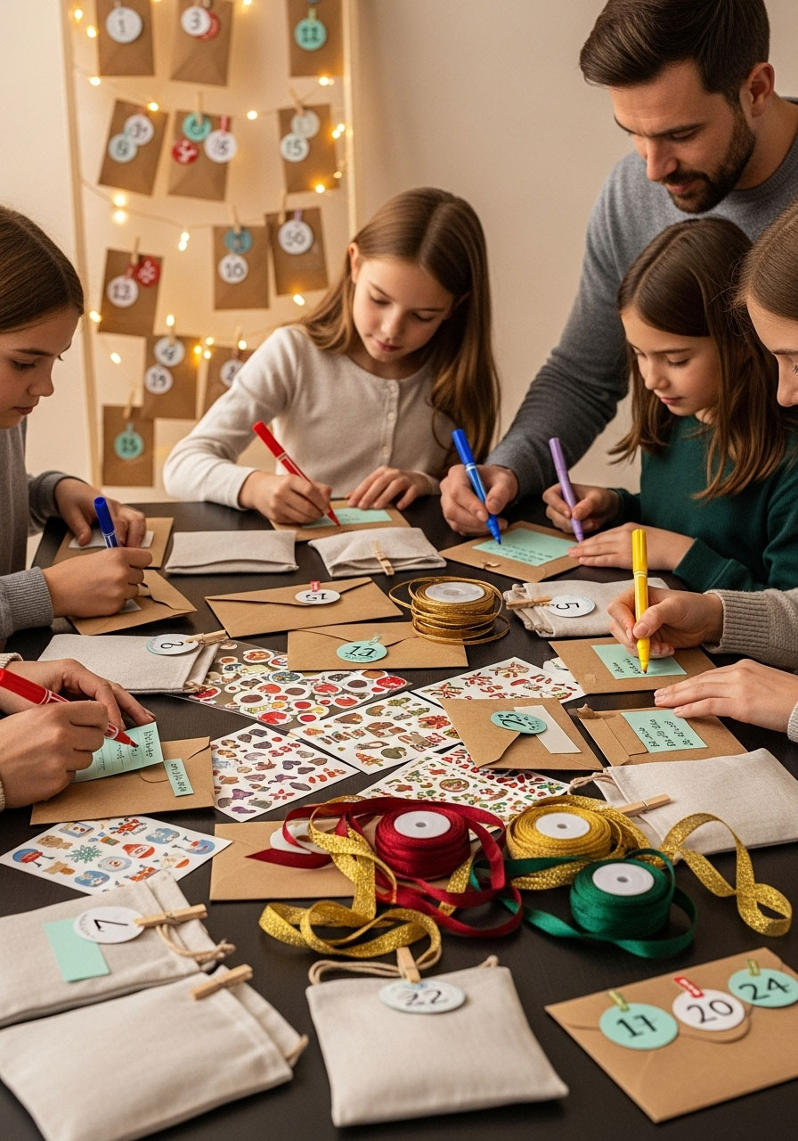 Family crafting table with 24 decorated envelopes, activity slips, markers, and ribbons for DIY Christmas advent calendar creation project