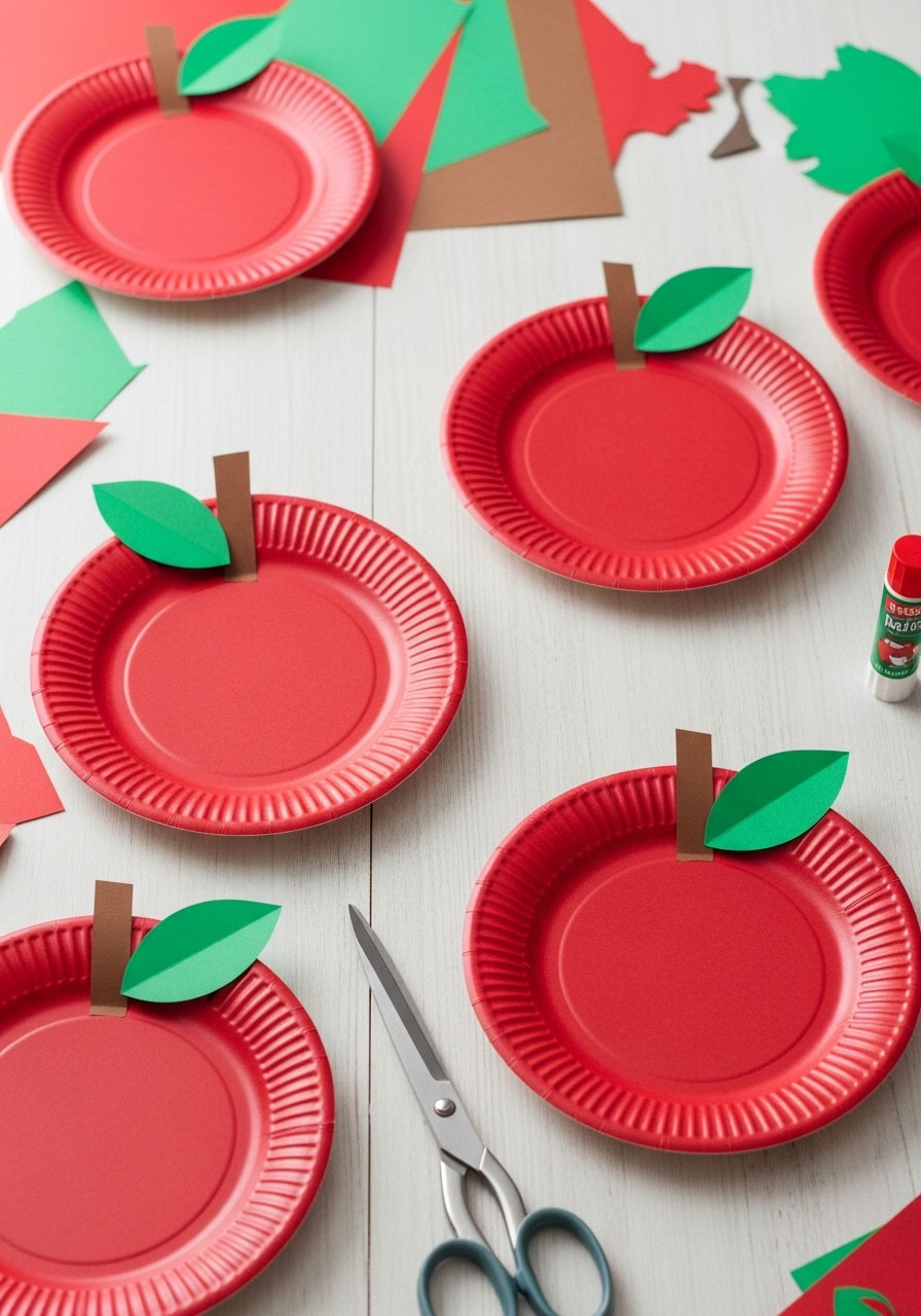 DIY apple plate craft made from red plates, brown paper stem, and green paper leaf for kids Friendsgiving table setting