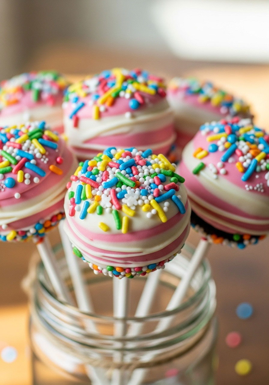 A close-up of adorable Oreo pop DIY baby shower favors dipped in pink and white candy melts with colorful sprinkles.