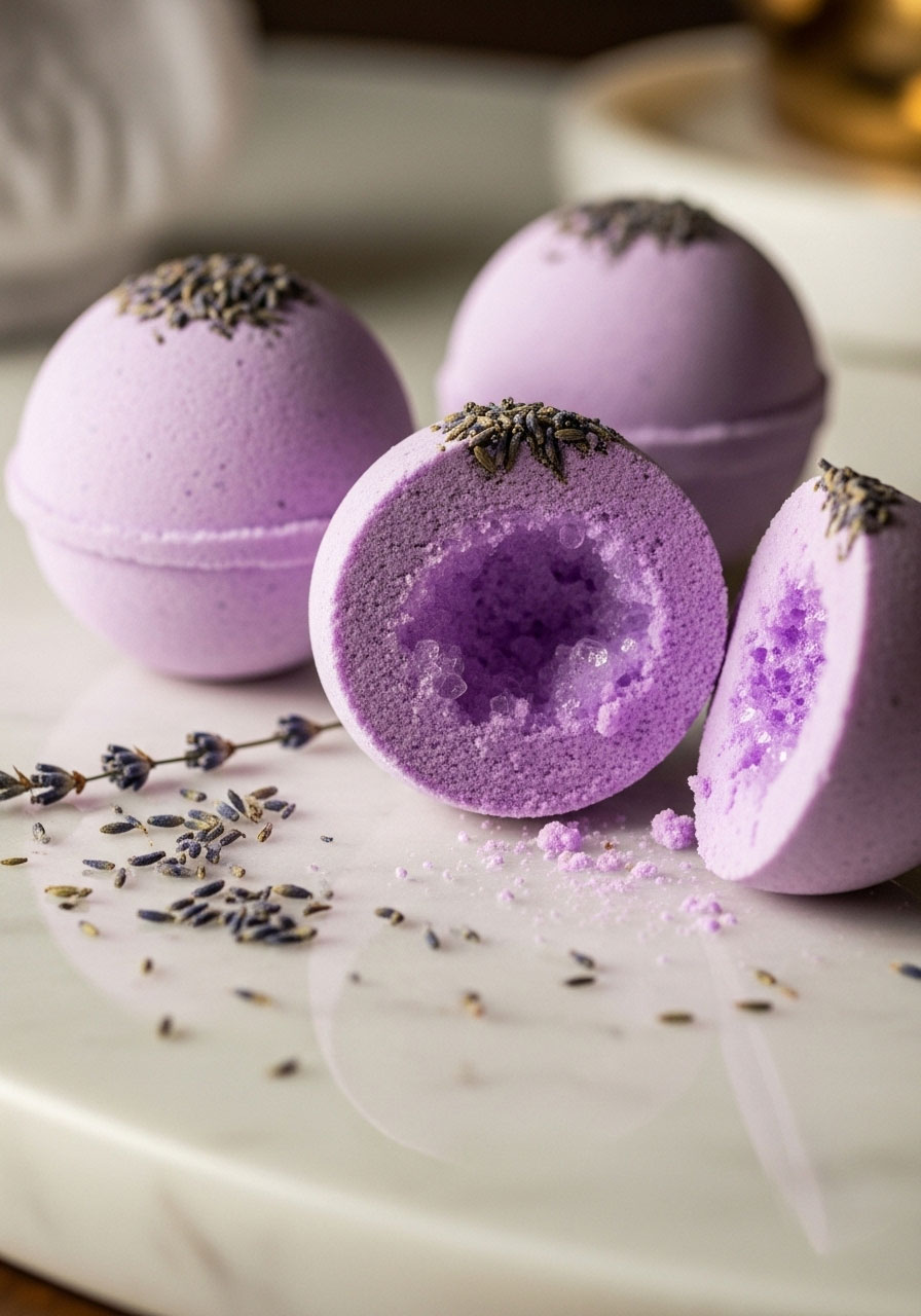Calming lavender DIY bath bombs, perfect for a spa-themed baby shower favor, displayed on a clean marble background.