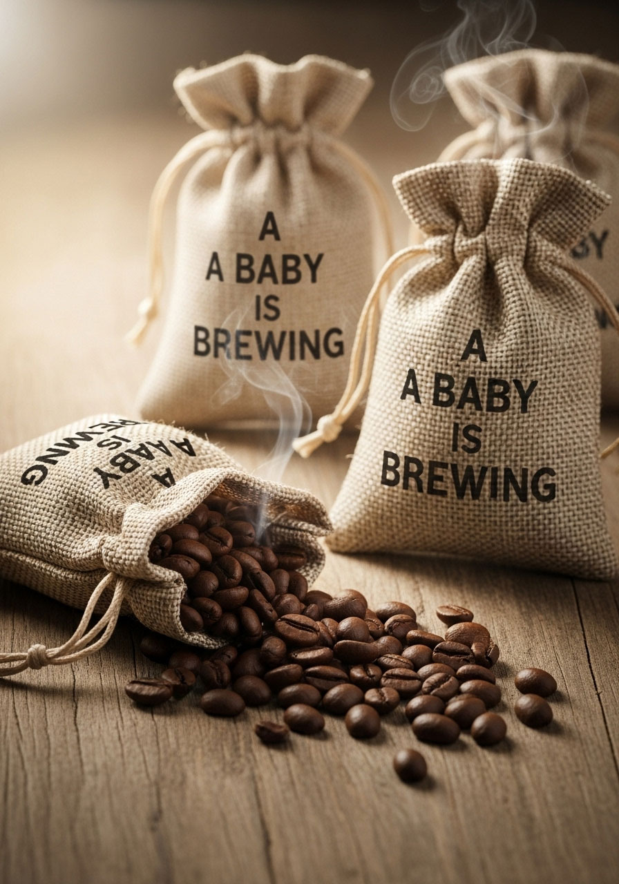 Rustic burlap bags filled with coffee beans and stamped with 'A Baby is Brewing', a perfect DIY favor for a brunch baby shower.