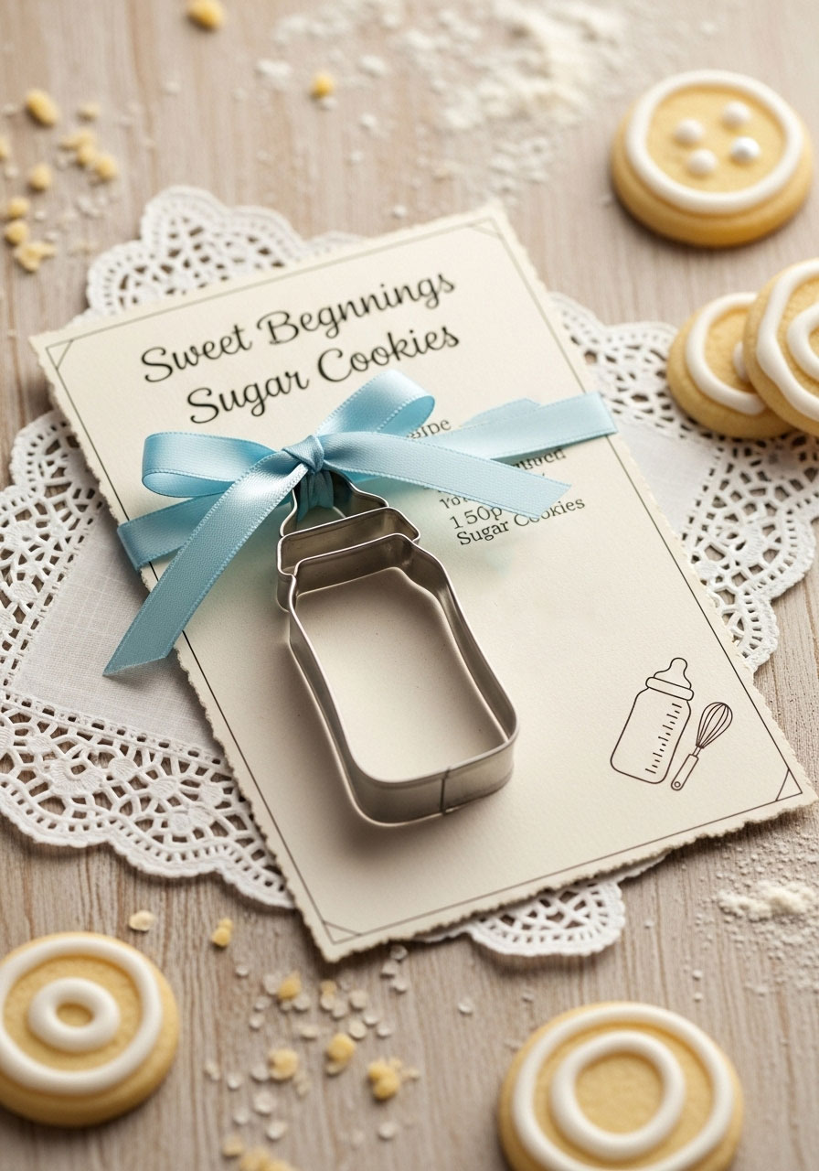 A cute baby bottle cookie cutter tied to a recipe card, a sweet and simple DIY baby shower favor for guests.