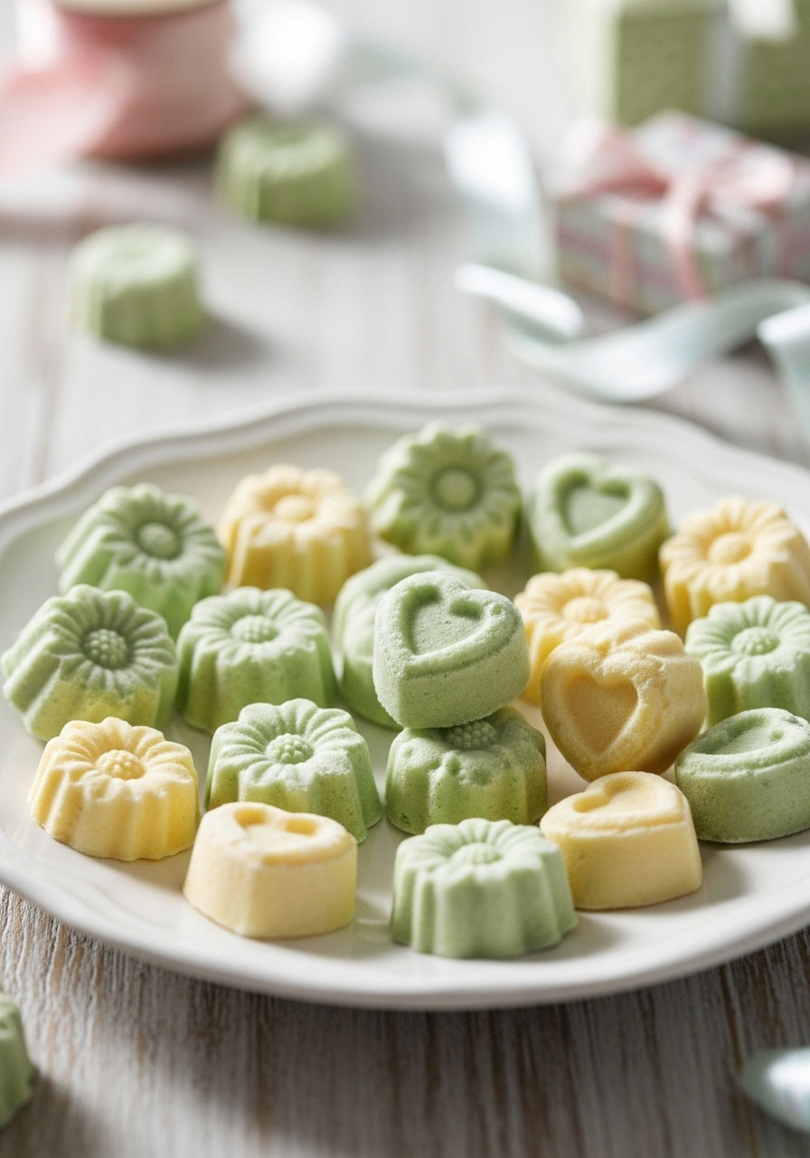 A plate of homemade pastel-colored cream cheese mints in flower and heart shapes, shown as a delicate DIY baby shower favor idea.