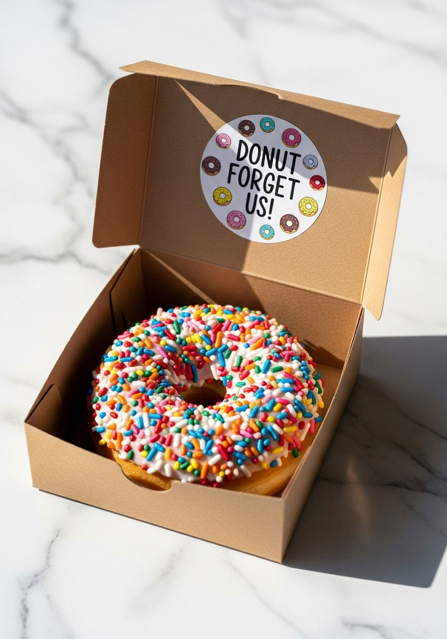 A gourmet donut in an individual kraft paper box with a 'Donut Forget Us!' sticker, presented as a chic DIY baby shower favor.