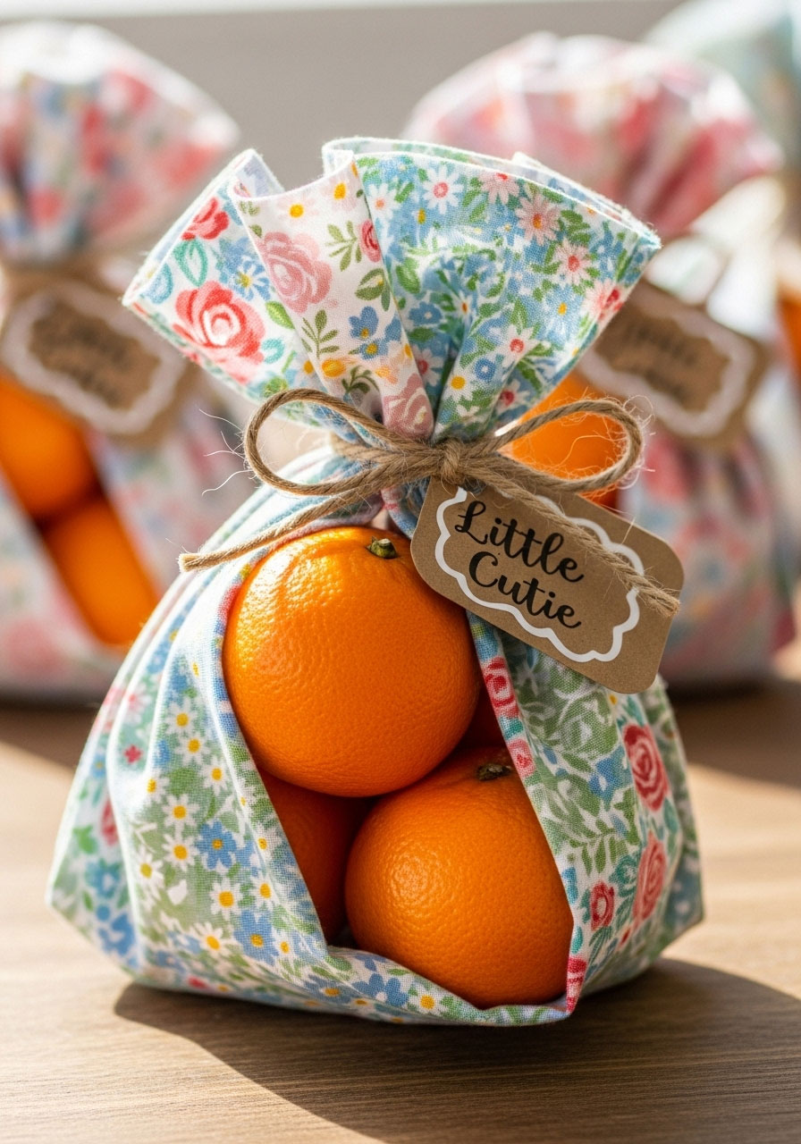 Fresh clementines wrapped in floral fabric, a unique and healthy DIY baby shower favor for a 'Little Cutie' theme.
