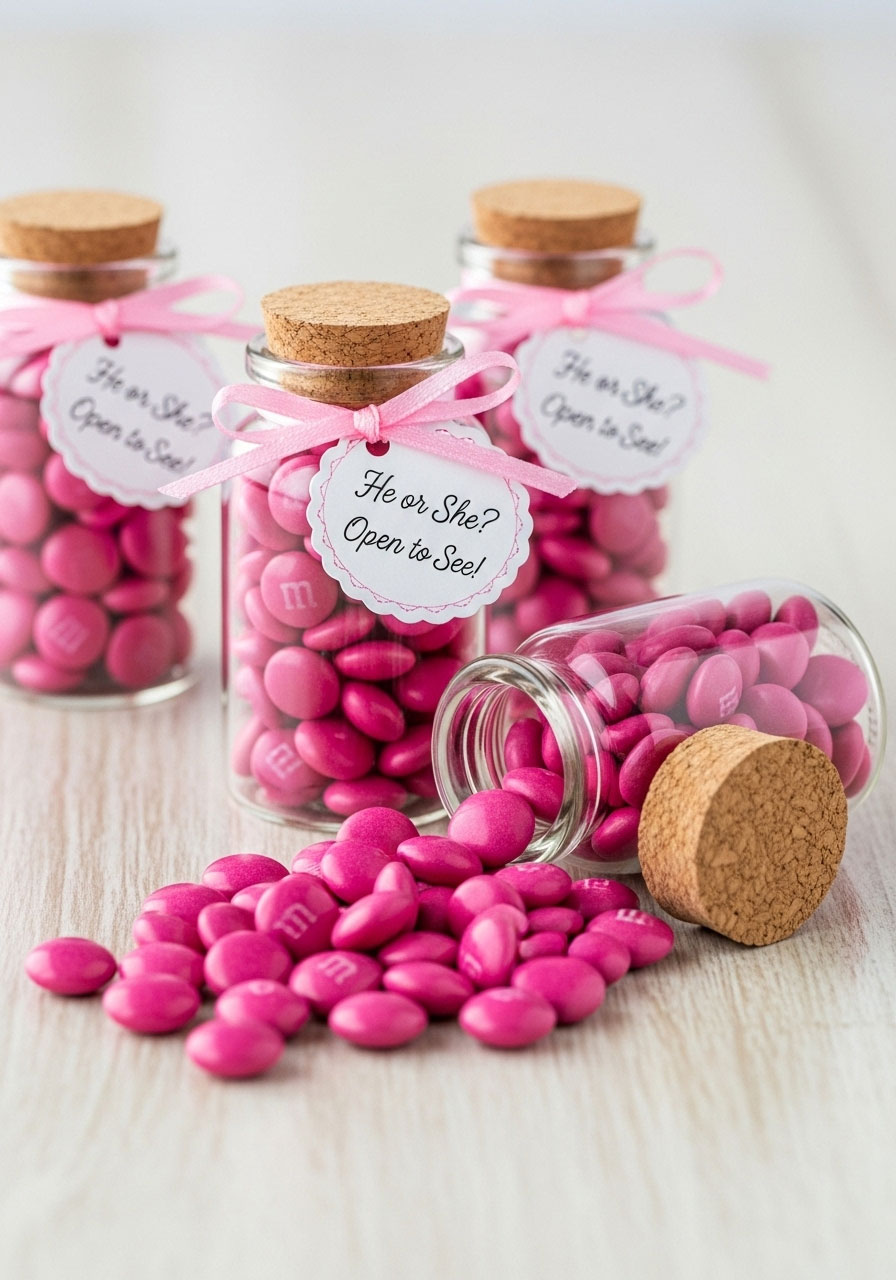 Small glass jars filled with pink M&Ms as a DIY gender reveal baby shower favor, with a tag that reads 'He or She? Open to See!'