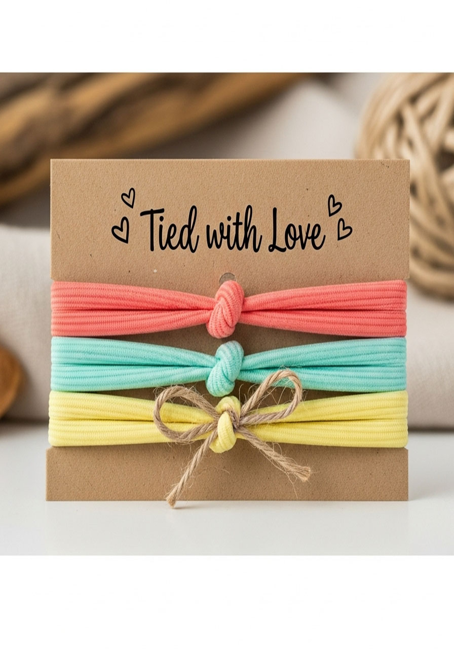 A practical DIY baby shower favor of colorful elastic hair ties presented on a kraft paper card that reads 'Tied with Love'.