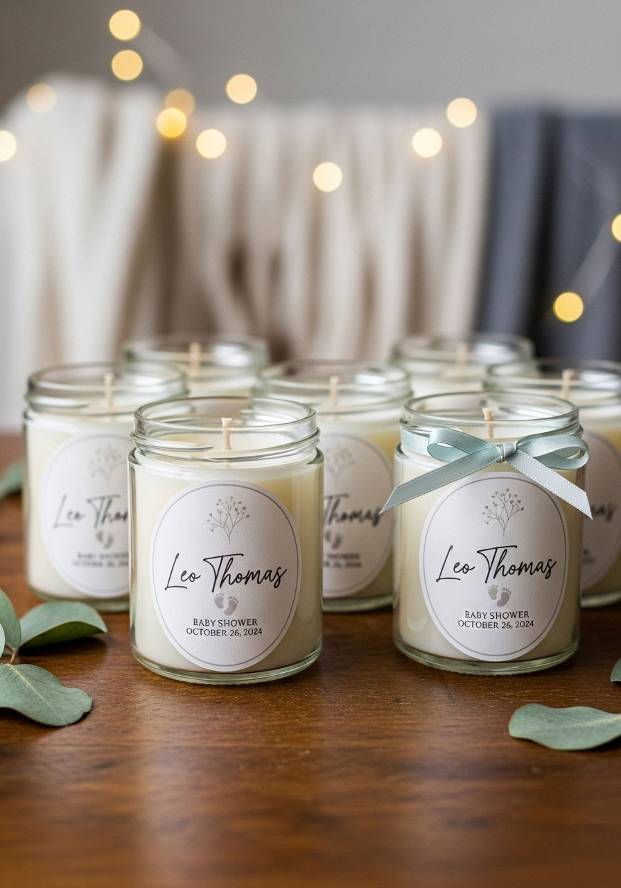 Cozy hand-poured scented soy candles in glass jars with custom labels, a personal and heartwarming DIY baby shower favor.