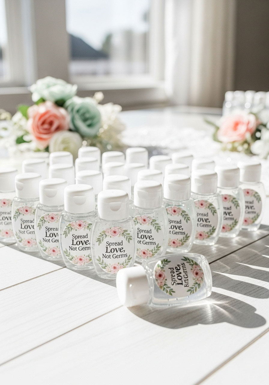 A collection of mini hand sanitizer bottles with custom floral labels, serving as a practical DIY baby shower favor for guests.