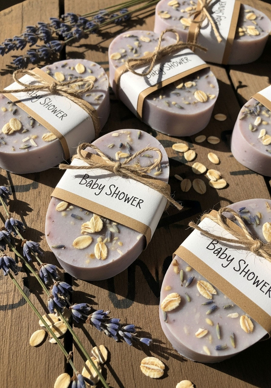 Rustic handmade mini soaps with lavender buds, wrapped in paper and twine, shown as an aromatic DIY baby shower favor.