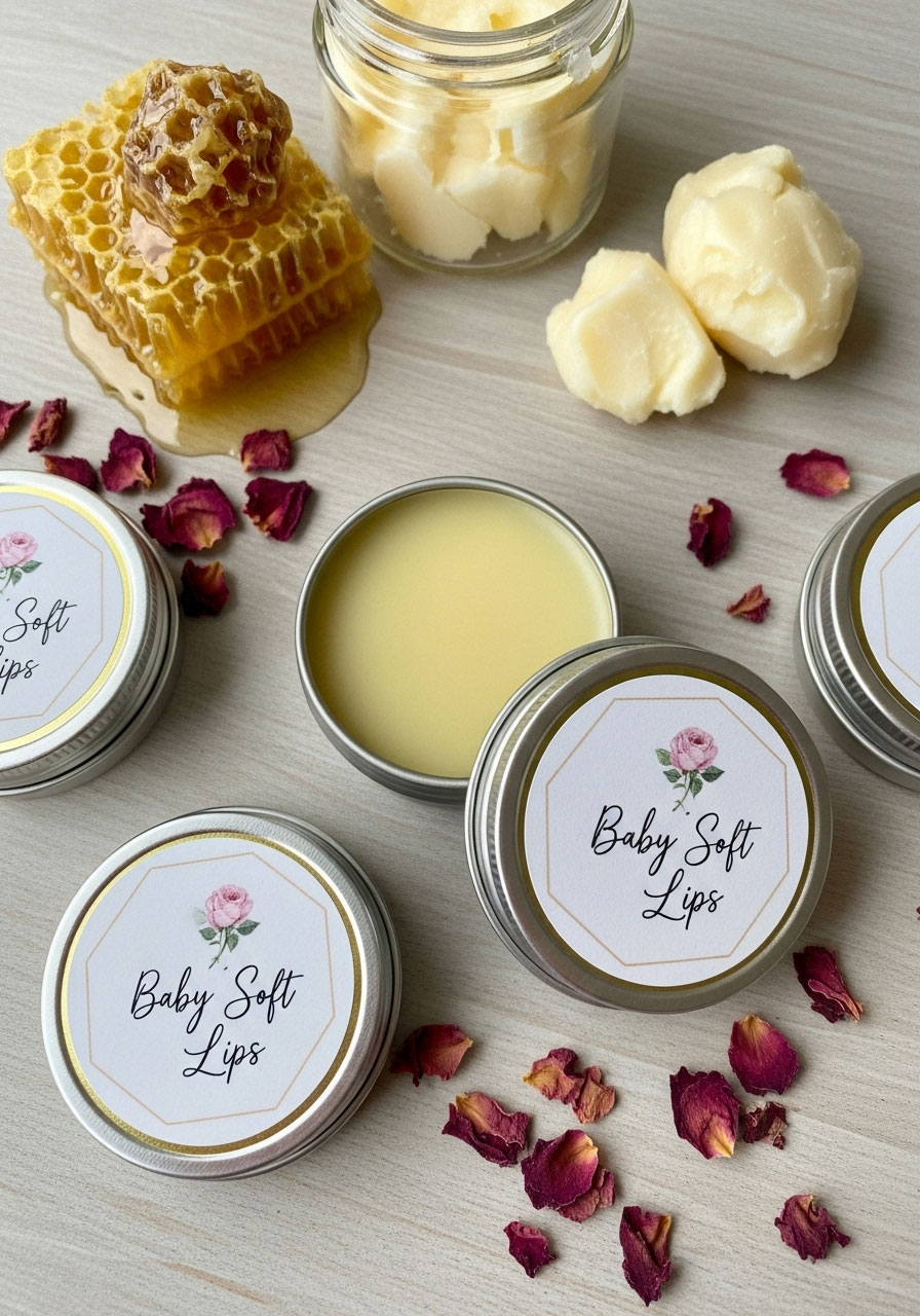 Flat lay of DIY lip balm in tins with custom labels, a thoughtful and practical baby shower favor for guests.